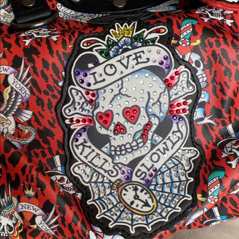 Ed Hardy Purse Satchel“Love Kills Slowly” Red/Black 9 x 16 Vegan - Picture 3 of 9